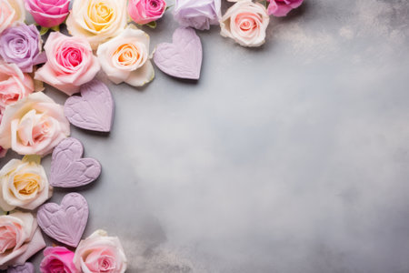 Top view pastel color hearts and roses on gray background, mother's day, women's day or Valentine's day concept.の素材