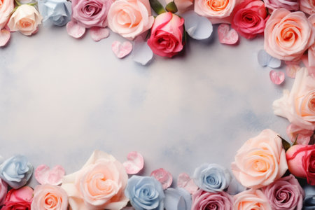 Top view pastel color hearts and roses on gray background, mother's day, women's day or Valentine's day concept.の素材