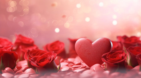 Red roses on a pink bokeh background, romantic greeting card.の素材