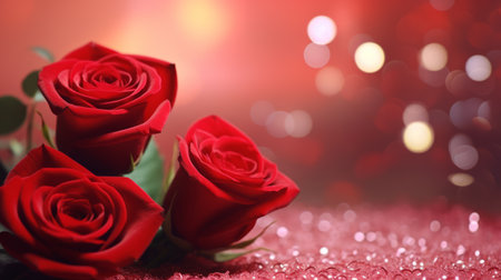 Red roses on a pink bokeh background, romantic greeting card.の素材