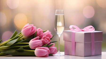Glass of wine and gift box on the pink tulips bouquet, spring holiday greeting card.の素材