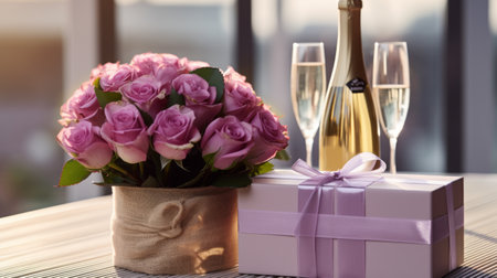 Wine bottle and gift box with pink roses bouquet, copy space.の素材