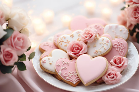 Heart shapes pink cookies decorated for Valentine's day, close-upの素材