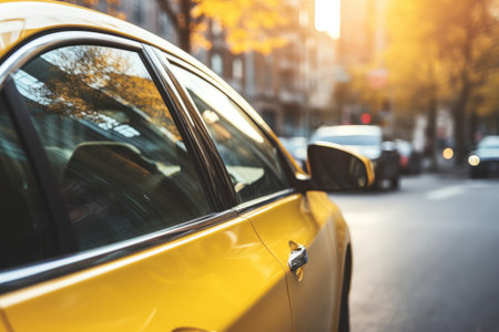 Yellow taxi car in big city close up.の素材