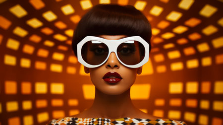 Portrait of a beautiful young woman with retro hairstyle and sunglassesの素材