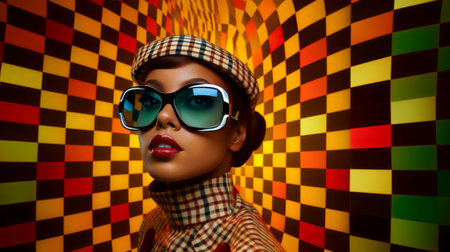 Fashion portrait of a dark skinned model in sunglasses in retro style on geometric pattern background.の素材