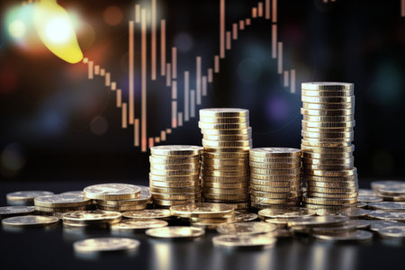Stacks of coins with charts of financial exchanges on background. Wealth growth and business conceptの素材