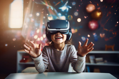 Happy little boy in Virtual Reality glasses headset headset play video game using 3D VR goggles.の素材