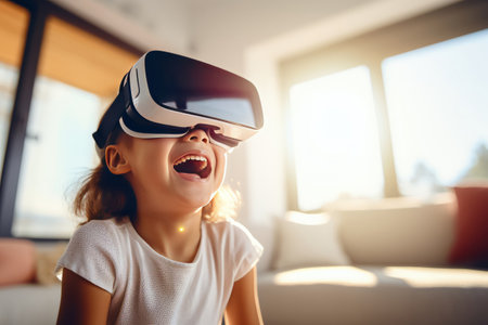 Little girl using virtual reality headset at home. Technology and entertainment conceptの素材