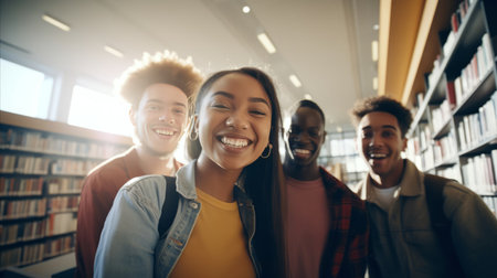 Group of beautiful young multiracial students at modern libraryの素材