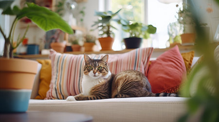 Cute fluffy cat in a cozy interior house full of green plants on a sunny day, pet loving concept.の素材