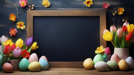 Empty chalk board and Easter eggs on wooden background.の素材