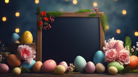 Empty chalk board and Easter eggs on wooden background.の素材