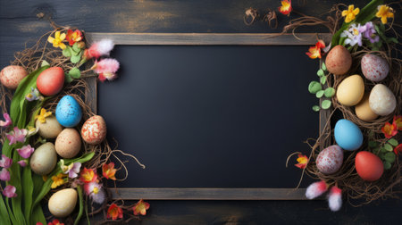 Empty chalk board and Easter eggs on wooden background.の素材