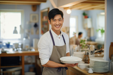 Male Asian chef wearing apron and holding plates at clean and spacious kitchenの素材