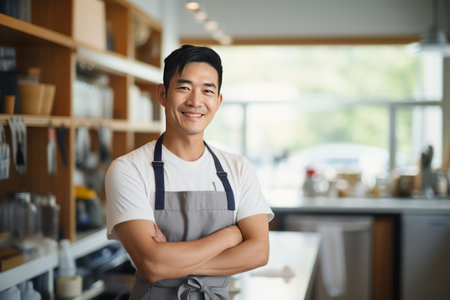 Portrait of smiling Asian barista standing with arms crossed in cafeの素材