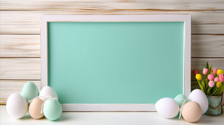 Empty blank mock up white board and Easter eggs on wooden background.の素材