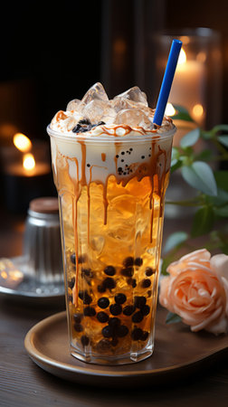 Iced coffee with bubbles and ice cubes in glass on wooden tableの写真素材