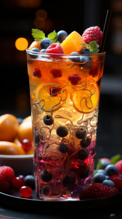 Refreshing summer drink with berries and ice on a dark backgroundの写真素材