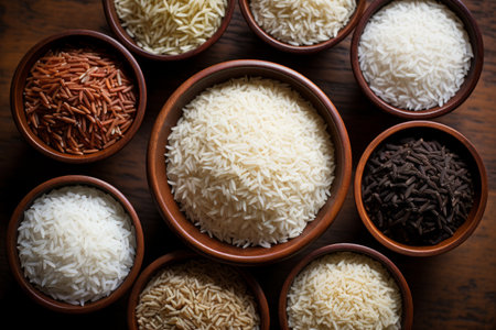 A variety of rice types in wooden bowls, different varieties and colors of rice, ranging from white and brown rice to black and red varieties.の素材