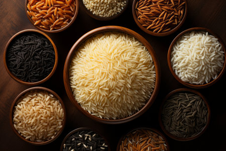 A variety of rice types in wooden bowls, different varieties and colors of rice, ranging from white and brown rice to black and red varieties.の素材