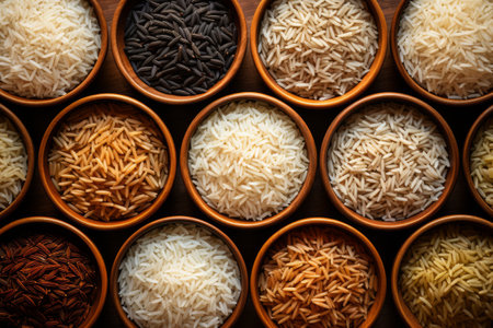 A variety of rice types in wooden bowls, different varieties and colors of rice, ranging from white and brown rice to black and red varieties.の素材