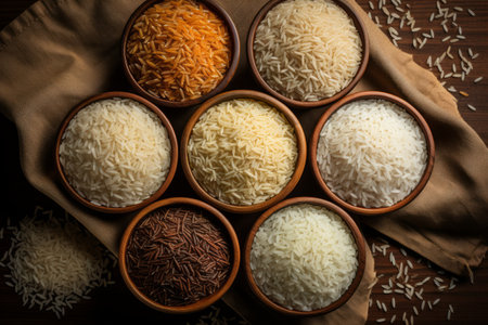 A variety of rice types in wooden bowls, different varieties and colors of rice, ranging from white and brown rice to black and red varieties.の素材
