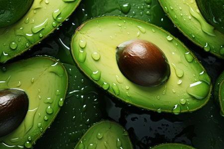 Top view close up cut in half avocados in natural light.の素材