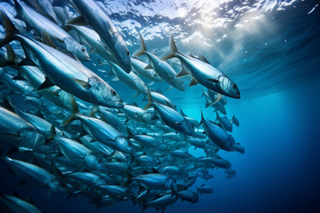 Marine life, the beauty of underwater communities, schools of fish swimming in unison in the ocean currents.の素材