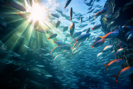Marine life, the beauty of underwater communities, schools of fish swimming in unison in the ocean currents.の素材