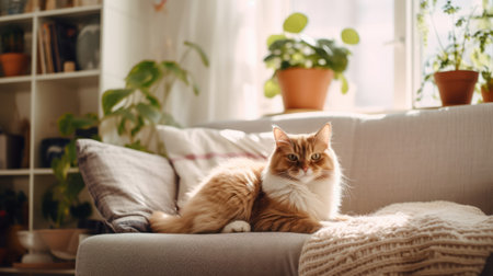 Adorable red cat lying on sofa in cozy living room, scandinavian home interior design for comfortable living.の素材