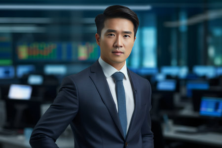 Concentrated serious Asian businessman portrait at financial stock market.の素材