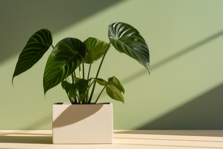 A minimalistic composition featuring a single house plant alocasia in white pot against a clean background.の素材
