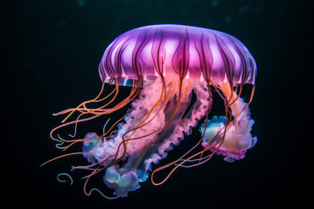 Graceful and translucent jellyfish in dark water of deep sea.の素材