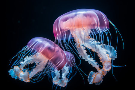 Two purple jellyfish in dark deep sea underwater, close up.の素材