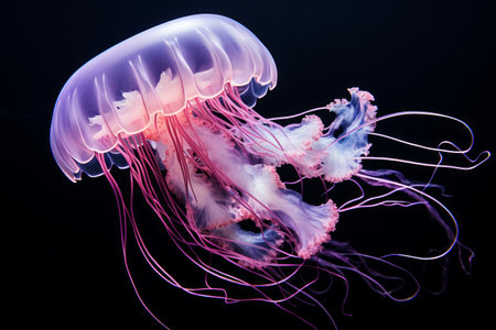 World of jellyfish, graceful and translucent creatures of deep sea underwater.の素材