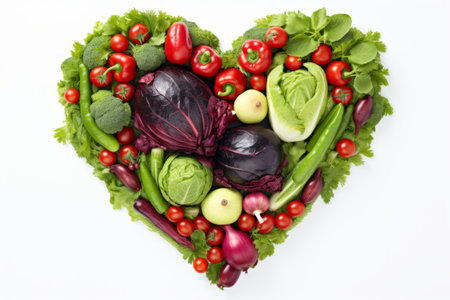 Variety of vegetables arranged in shape of heart isolated on white background.の素材