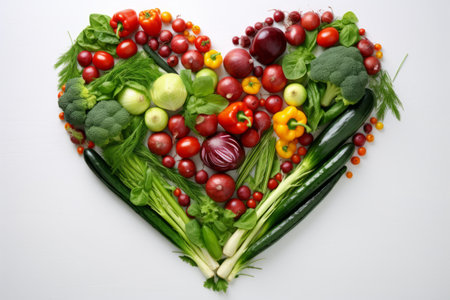 Various green and red vegetables arranged in shape of heart isolated on white background.の素材