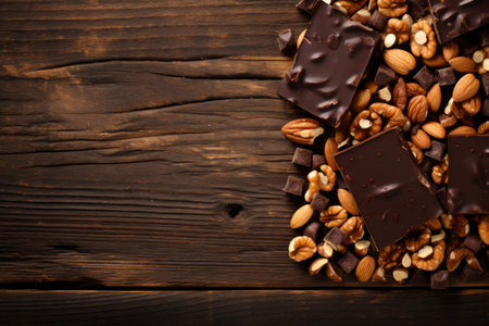 Top view sliced milk chocolate with nuts filling on wooden background, copy space for text.の素材