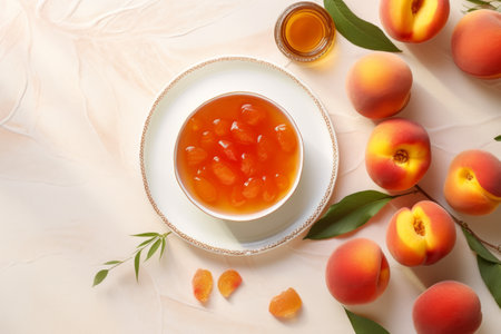 Top view peach marmalade and peaches with fresh bread on morning wooden table.の素材