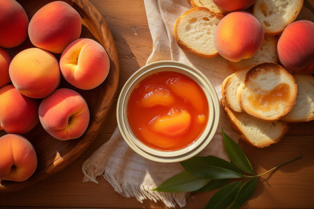 Top view peach marmalade and peaches with fresh bread on morning wooden table.の素材