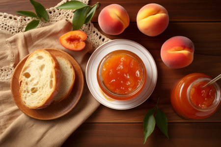 Top view peach marmalade and peaches with fresh bread on morning wooden table.の素材