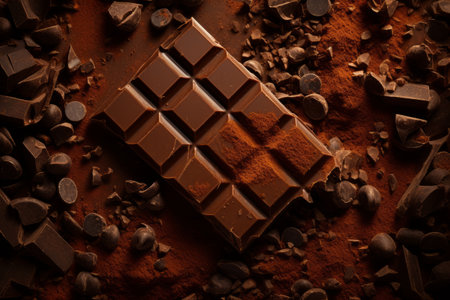 Top view of pieces of chocolate bar with chocolate chips on dark background.の素材