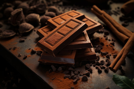 Top view of pieces of chocolate bar with chocolate chips on dark background.の素材