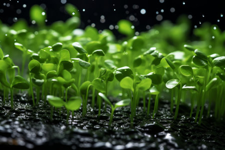 Growing microgreens sprouts, watering process, water droplets on the leaves.の素材