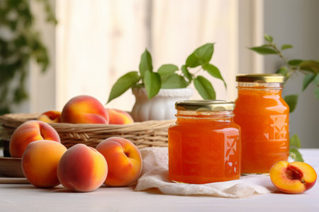 Peach marmalade jam and fresh peaches on morning table in cozy house kitchen.の素材