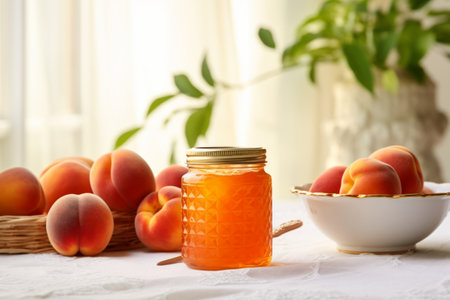 Peach marmalade jam and fresh peaches on morning table.の素材