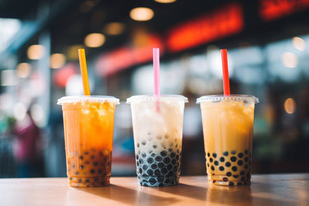 Bubble tea in various settings, variety of tapioca tea milkshake.の素材