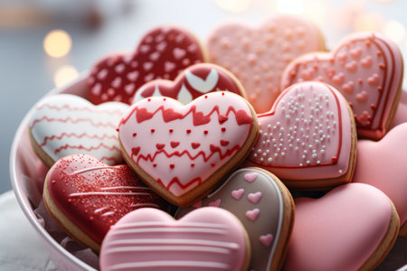 Heart shapes pink cookies decorated for Valentine's day, close-upの素材