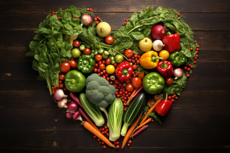 Overhead view on kitchen table chaos and Various green and red vegetables arranged in shape of heart.の素材
